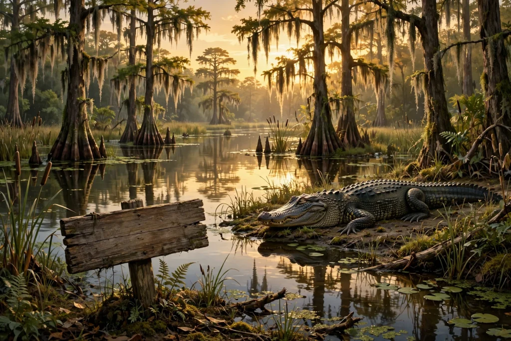 Florida wetland with cypress trees and a distant alligator