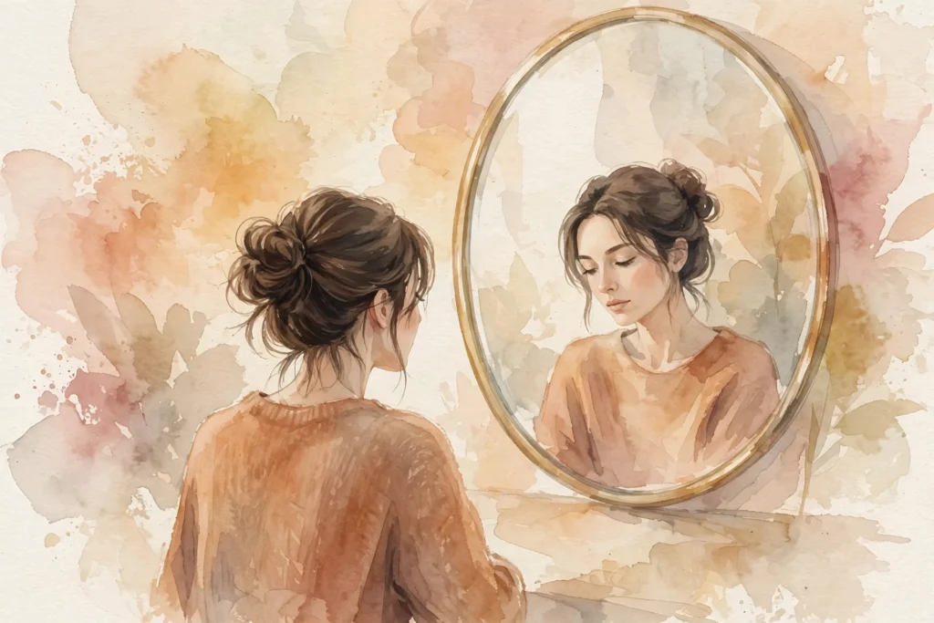 Nose job divorce story illustration of a woman looking in a mirror