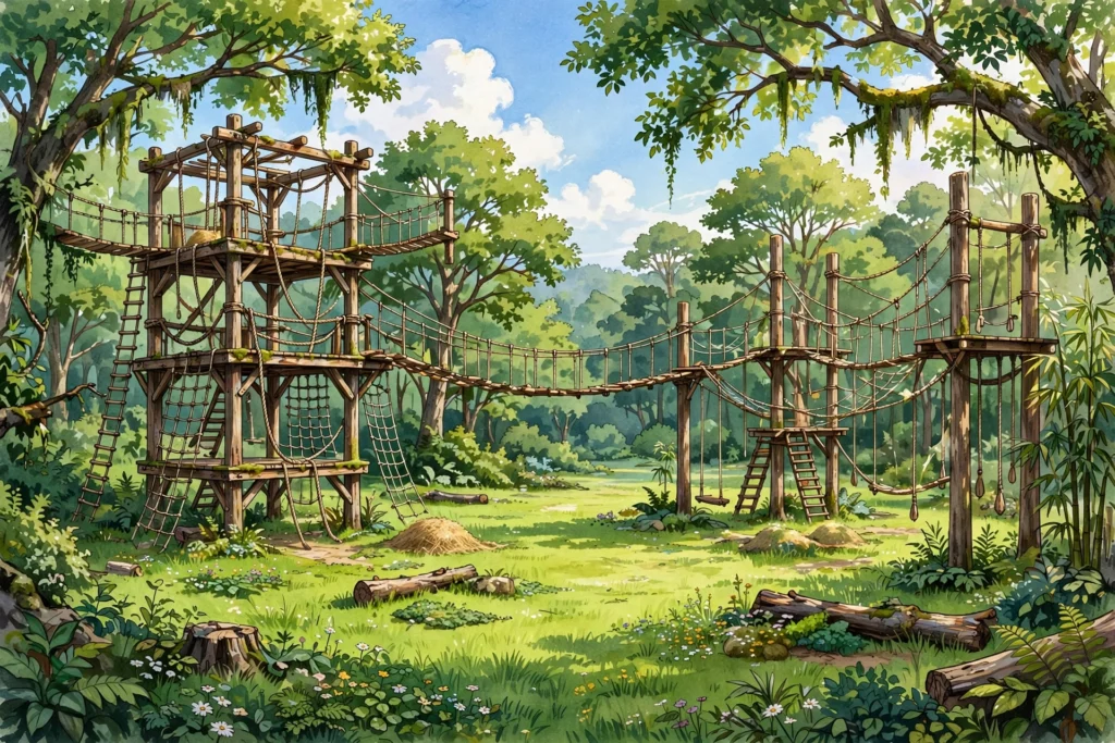 Spacious chimpanzee sanctuary habitat with climbing towers and trees