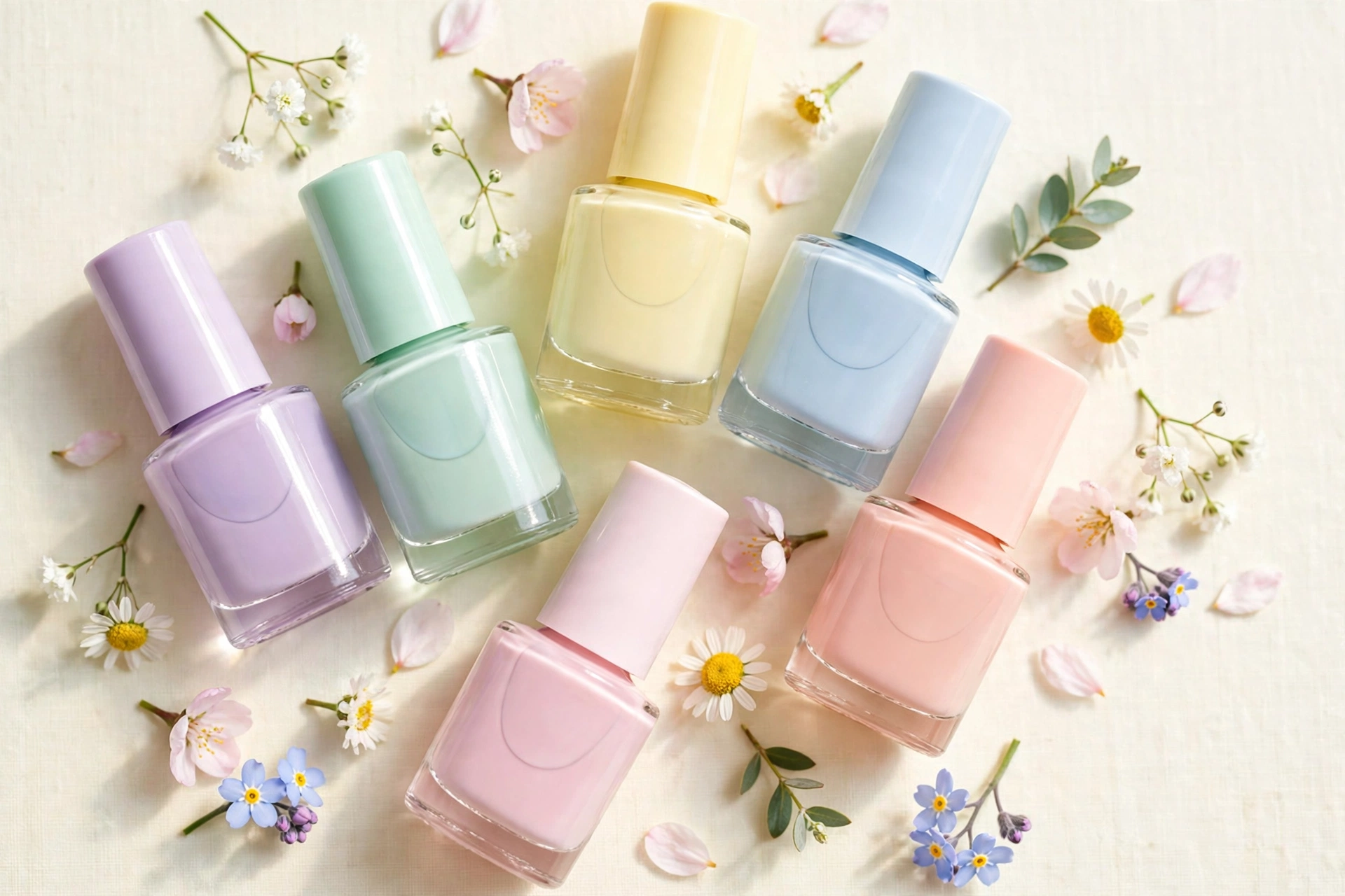 Flat-lay of pastel nail polishes for spring pedicure trends with flowers