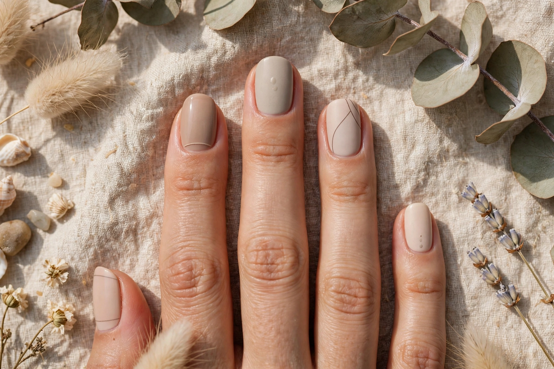 Elegant summer nail ideas: chic minimal summer nail art in neutral tones, elegant flat-lay style