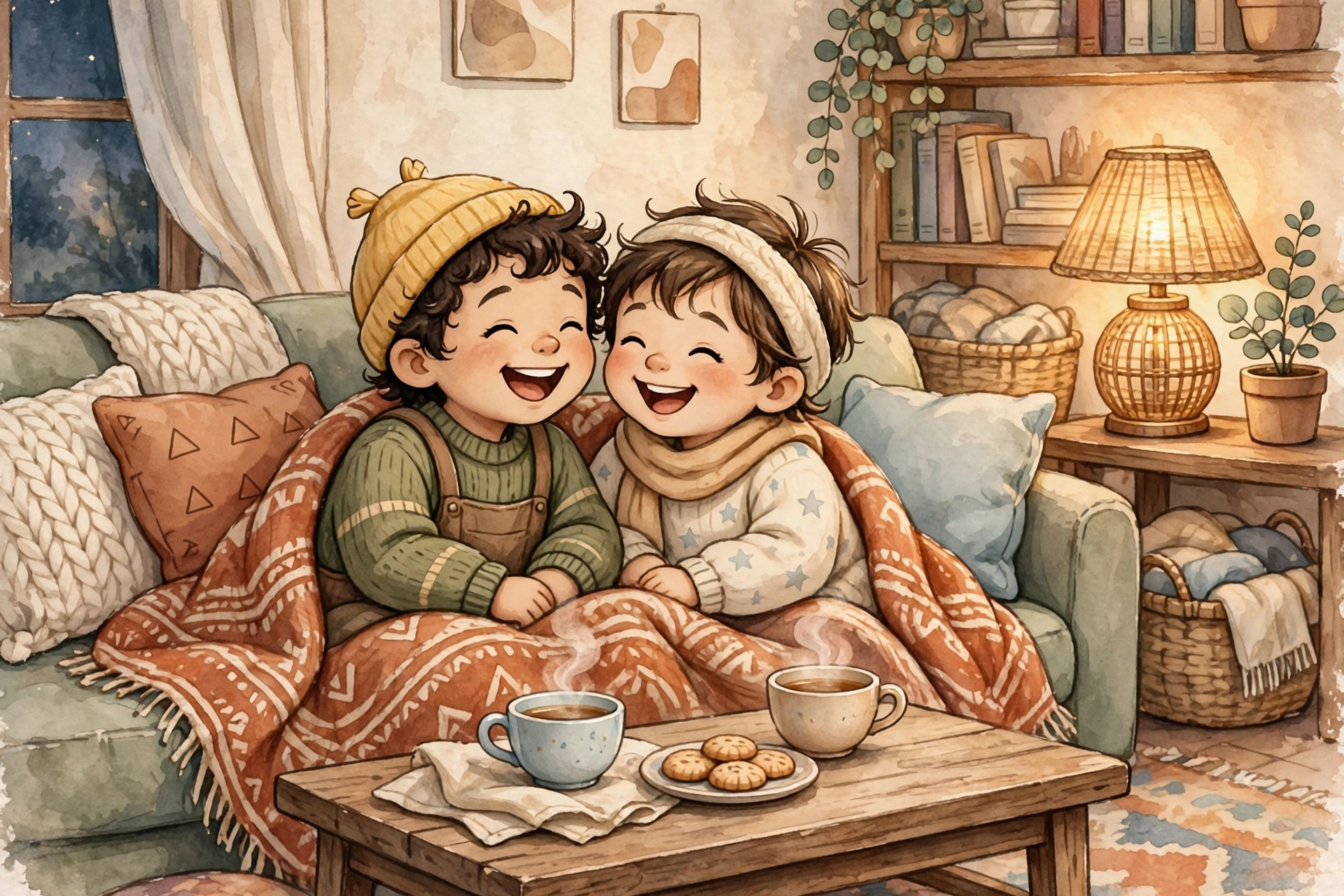 Siblings laughing together in a cosy living room — heartwarming sibling stories about kindness
