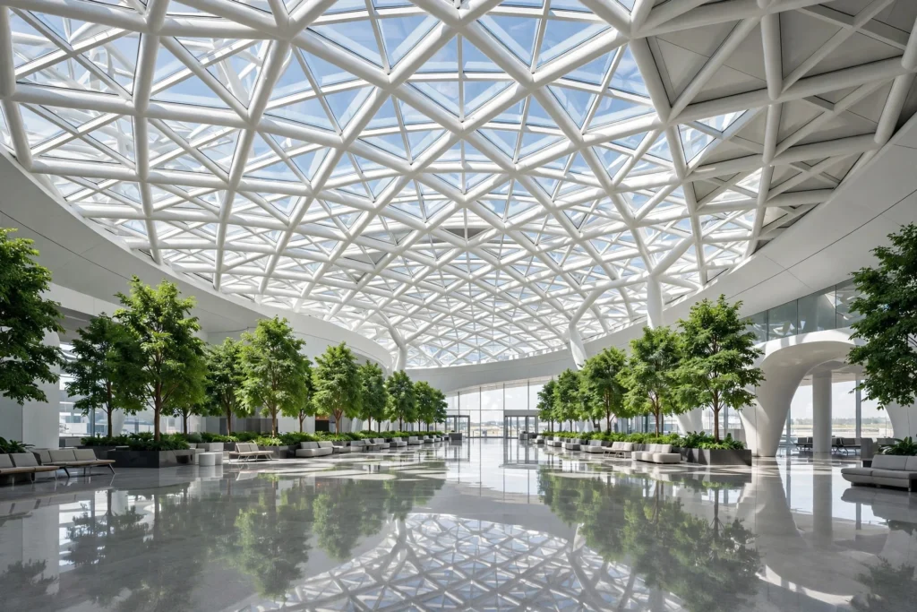 Modern airport terminal with glass ceiling - history fun facts