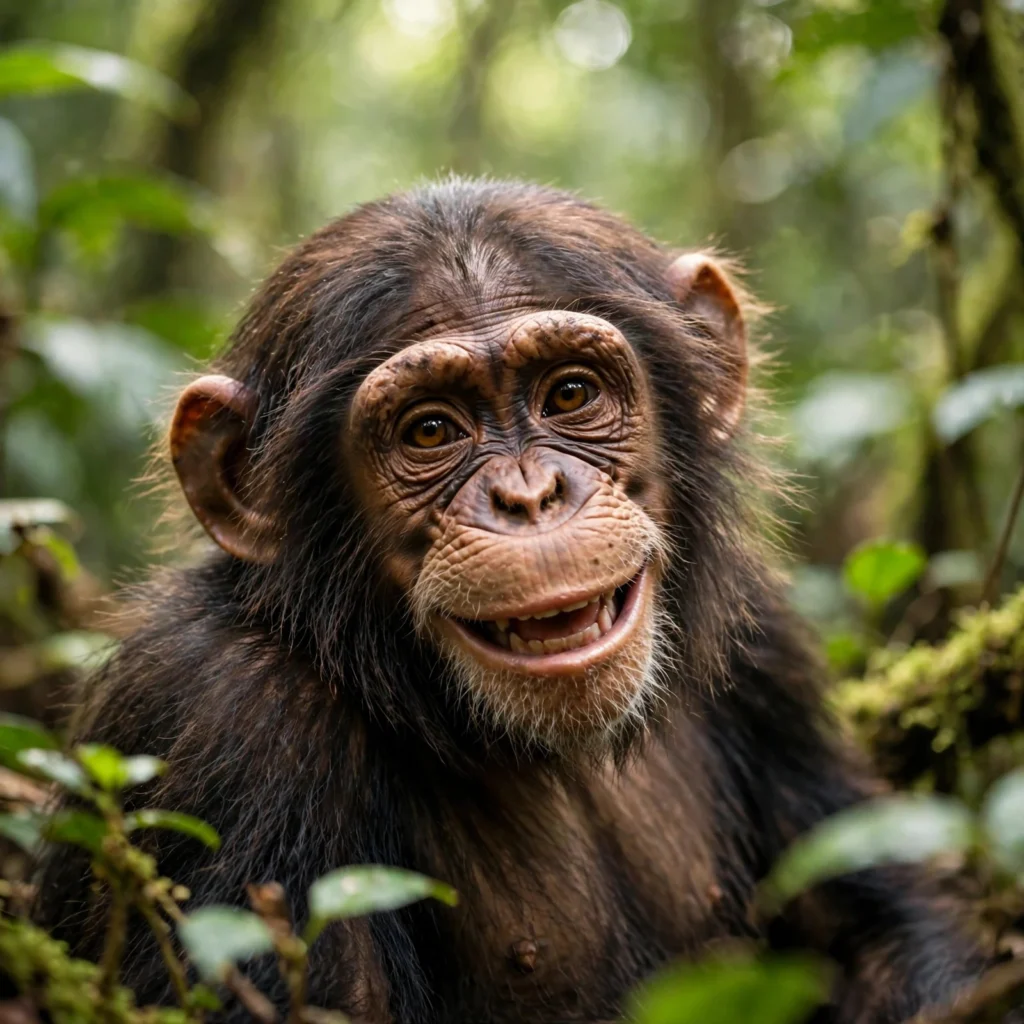 Smiling chimpanzee in the jungle - fun facts about animals