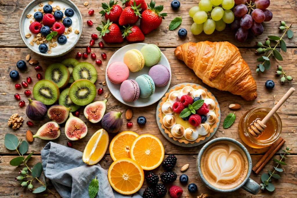 Colorful food spread with fruits and desserts - food fun facts