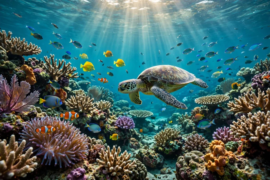 Vibrant coral reef with sea turtle - fun facts about animals