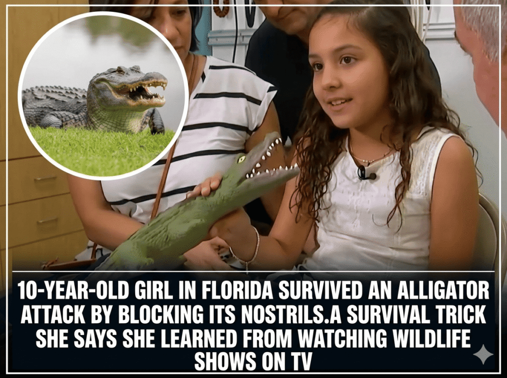 10-Year-old Girl in florida survived an alligator attack by blocking its nortrils.a survial trick she says she learned from watching wildlife shows on TV
