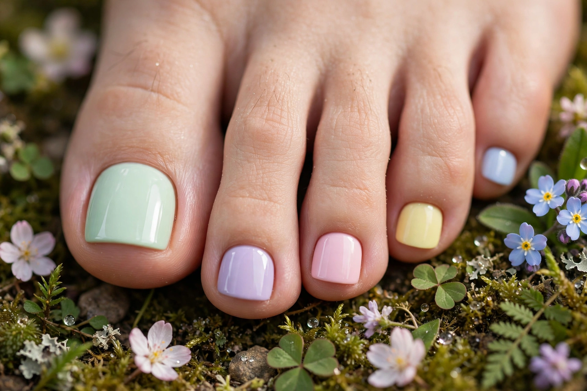 Spring pedicure trends: pastel pedicured toenails photographed in soft natural light