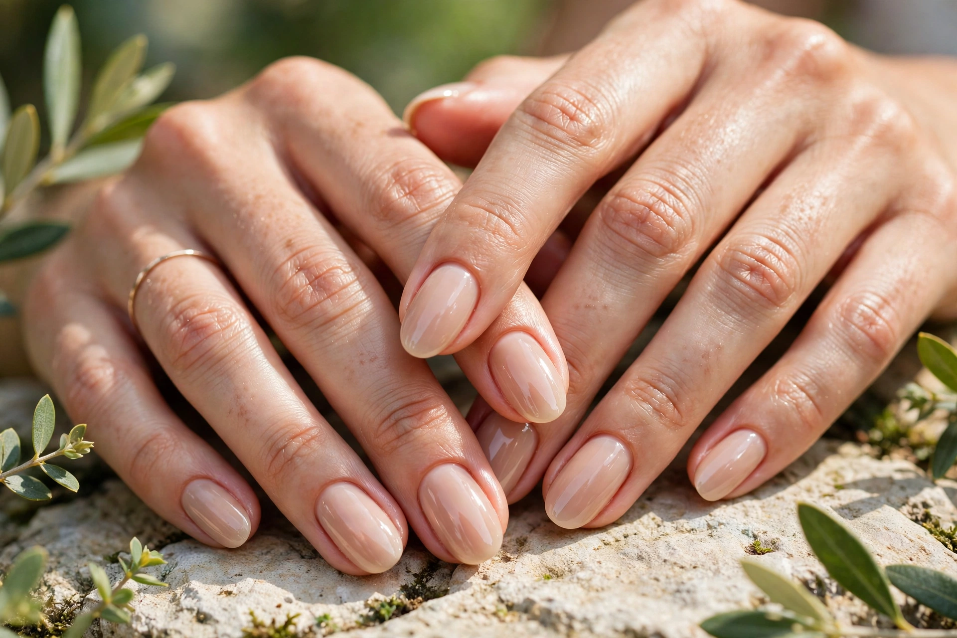 Elegant summer nail ideas: glossy nude luxury manicure in soft daylight