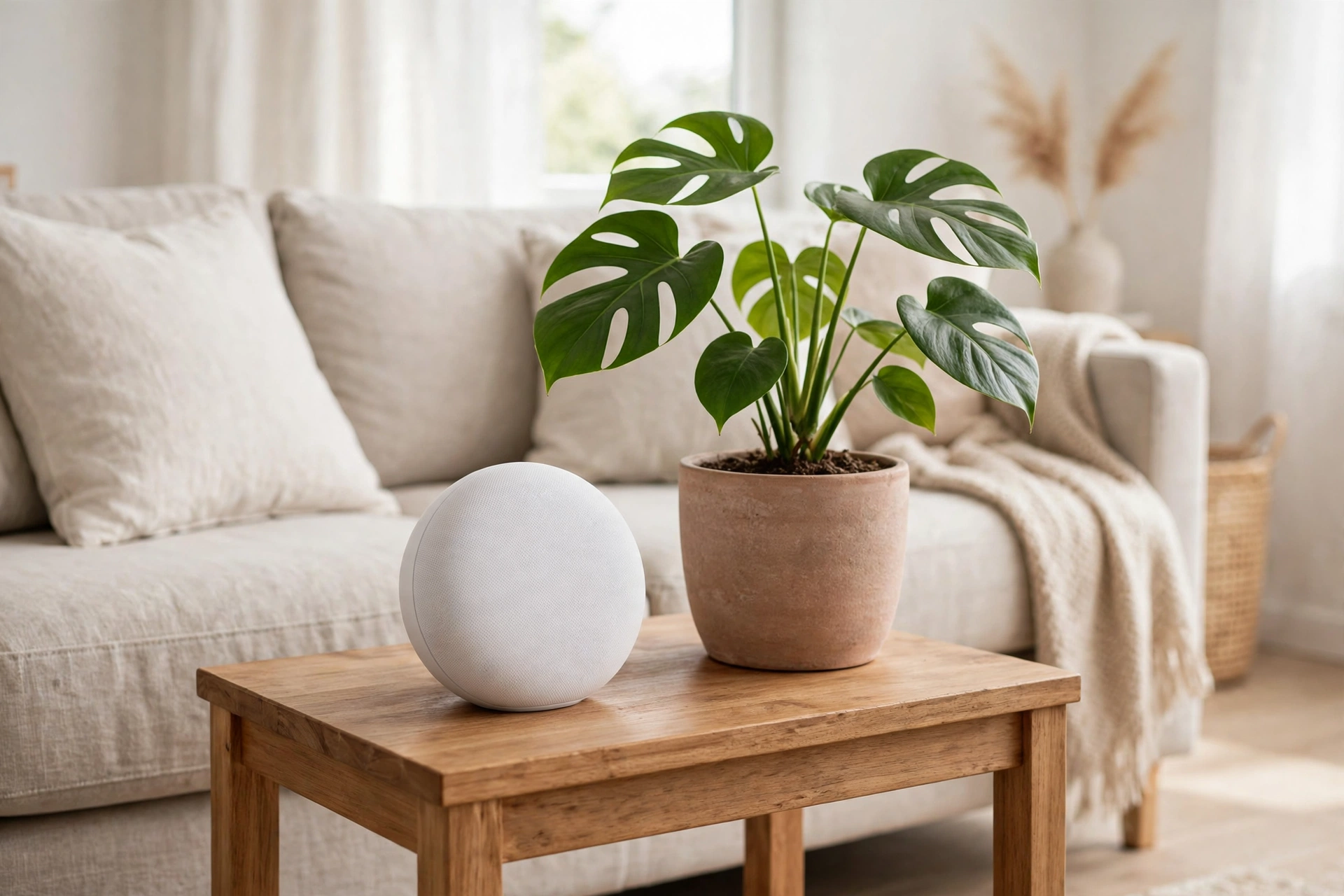 apple smart home devices 2026 small smart speaker in a modern living room