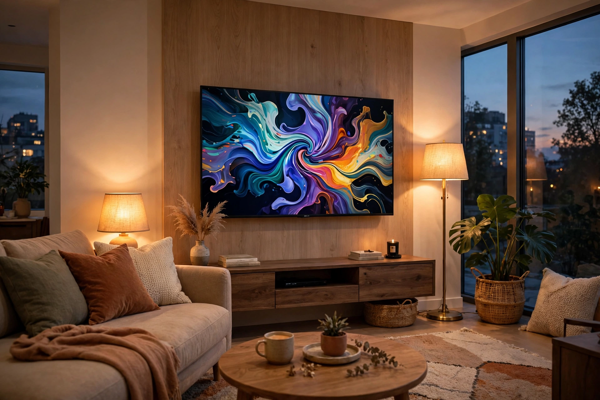 apple smart home devices 2026 living room with smart TV and home entertainment setup