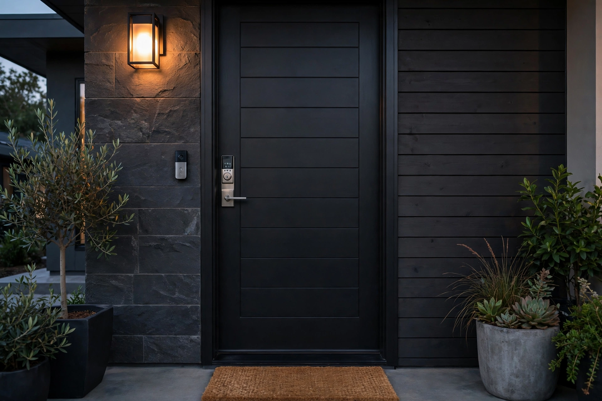 apple smart home devices 2026 smart doorbell and deadbolt lock at a modern front door