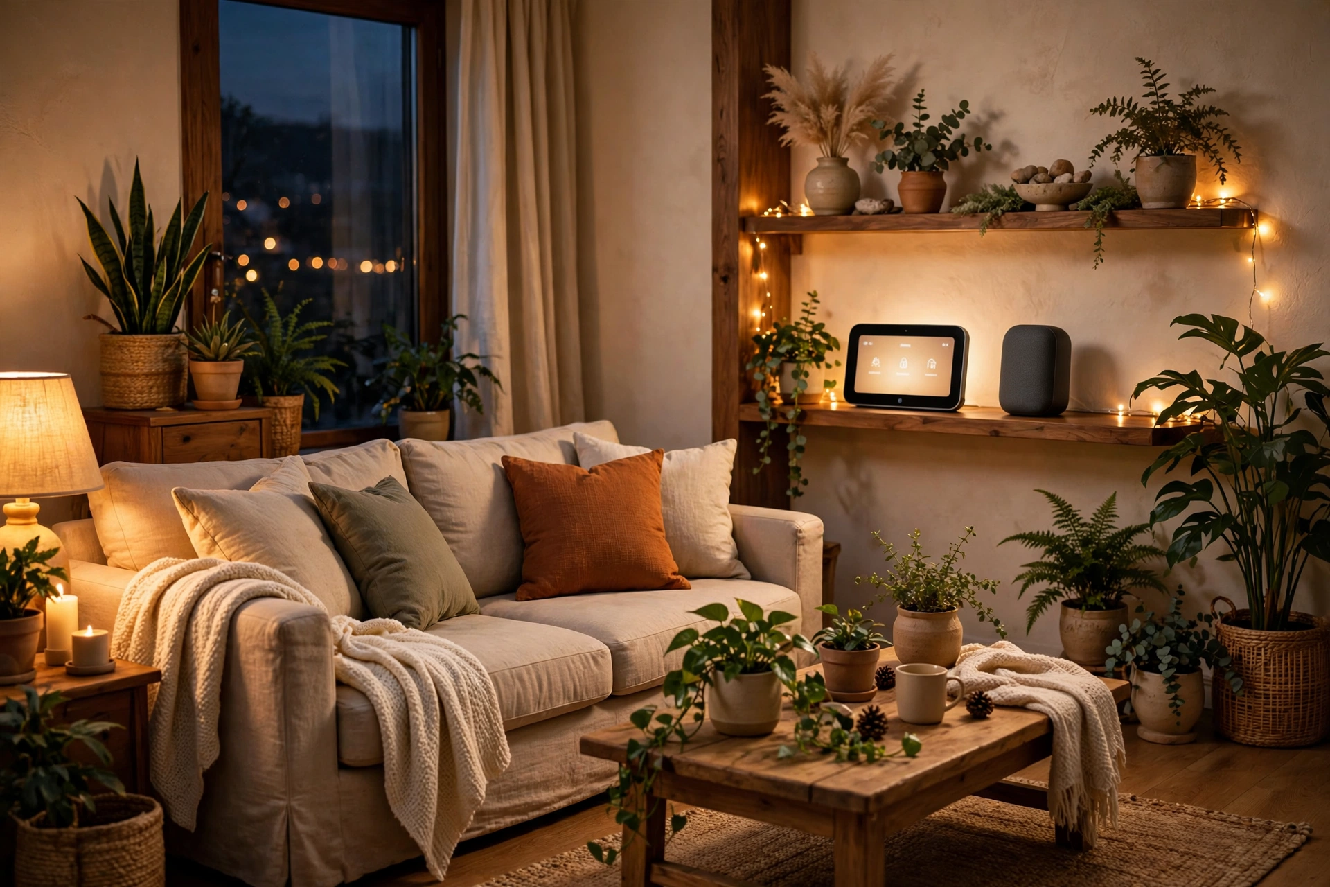 apple smart home devices 2026 cozy smart home living room in the evening