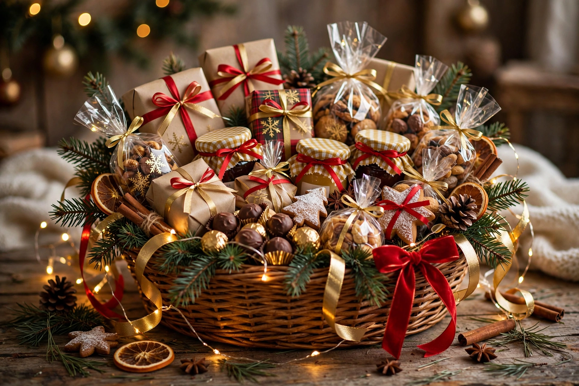 Festive christmas gift basket ideas with red and gold ribbons, pine branches and fairy lights on a wooden table