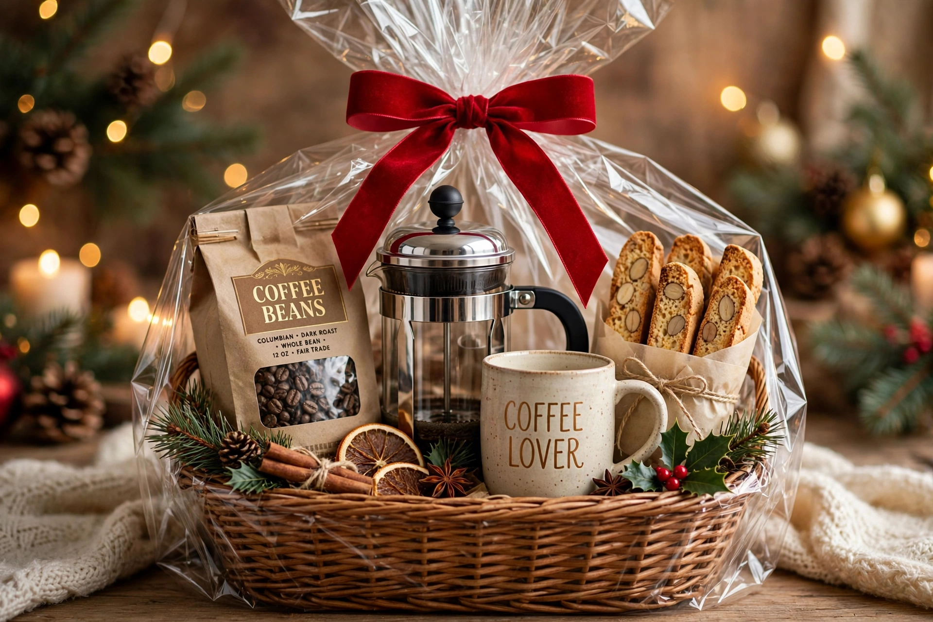 Coffee lover christmas gift basket ideas with coffee beans, a ceramic mug, biscotti and a French press