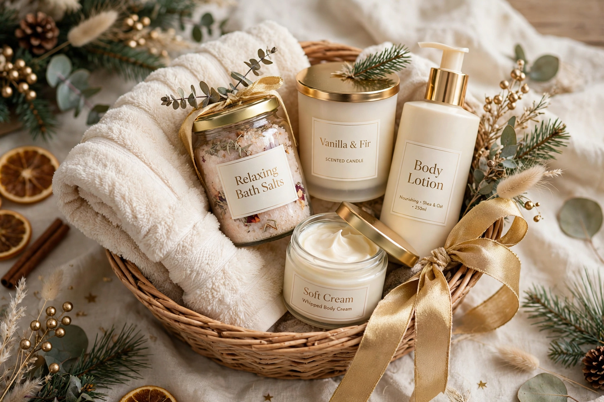 Spa christmas gift basket ideas with scented candles, bath salts, a fluffy towel and body lotion
