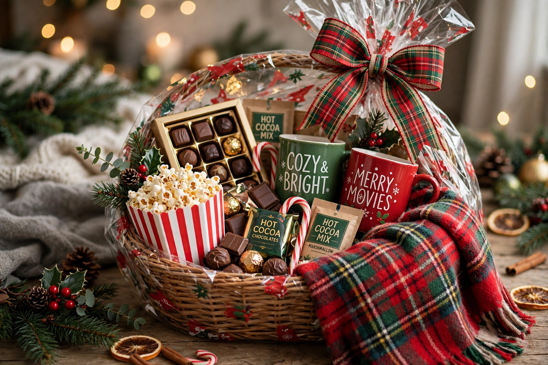 Snack and movie night christmas gift basket ideas with popcorn, chocolates, a cozy blanket and mugs