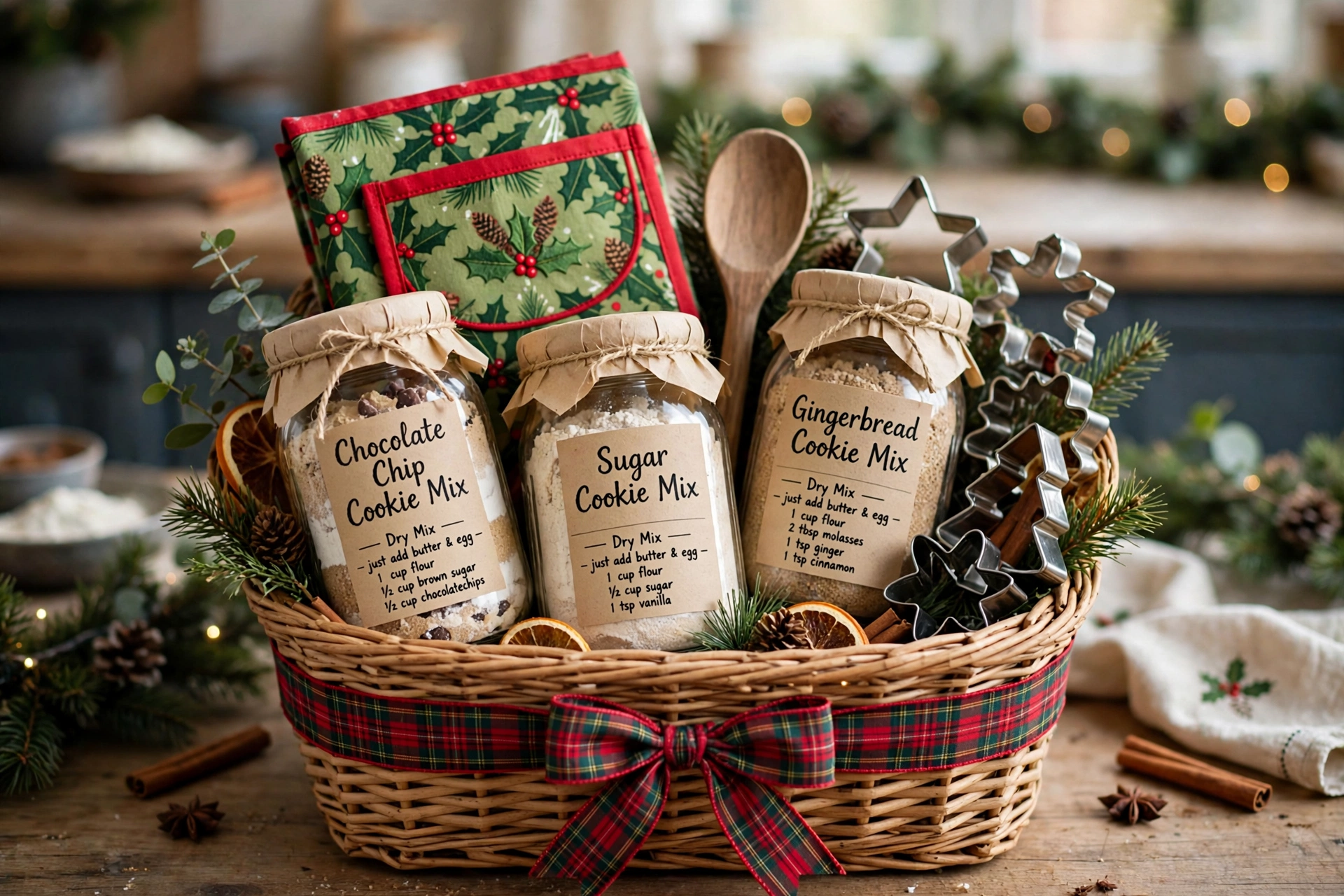 Baking christmas gift basket ideas with cookie mix jars, a wooden spoon, a festive apron and cookie cutters