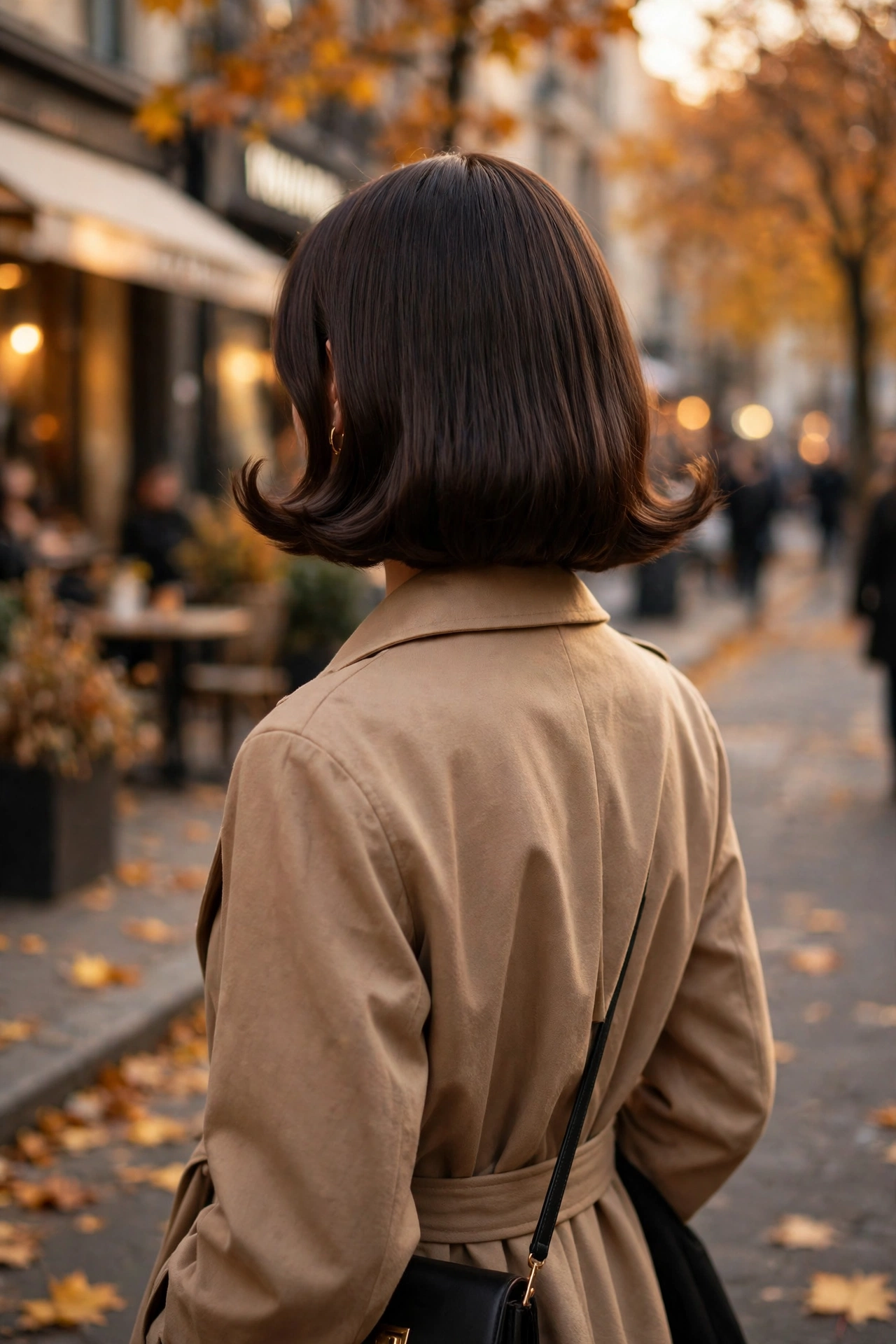 Back view of a sleek dark bob with flipped ends on a city street, one of the trending celebrity bob haircuts for 2026