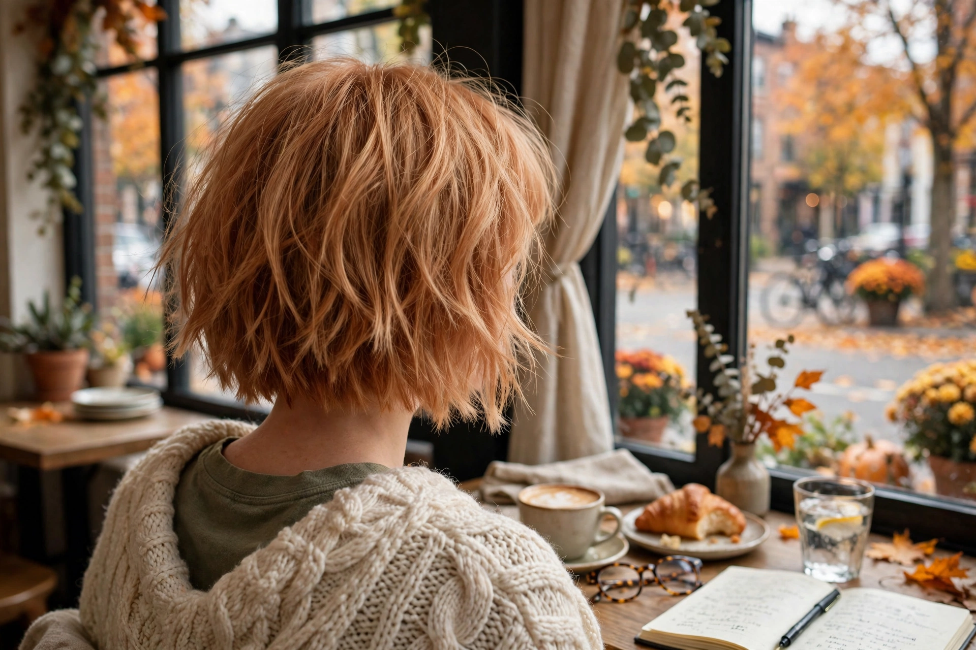 Choppy strawberry-blonde bob with wispy bangs seen from behind at a cafe window, one of the freshest celebrity bob haircuts for 2026