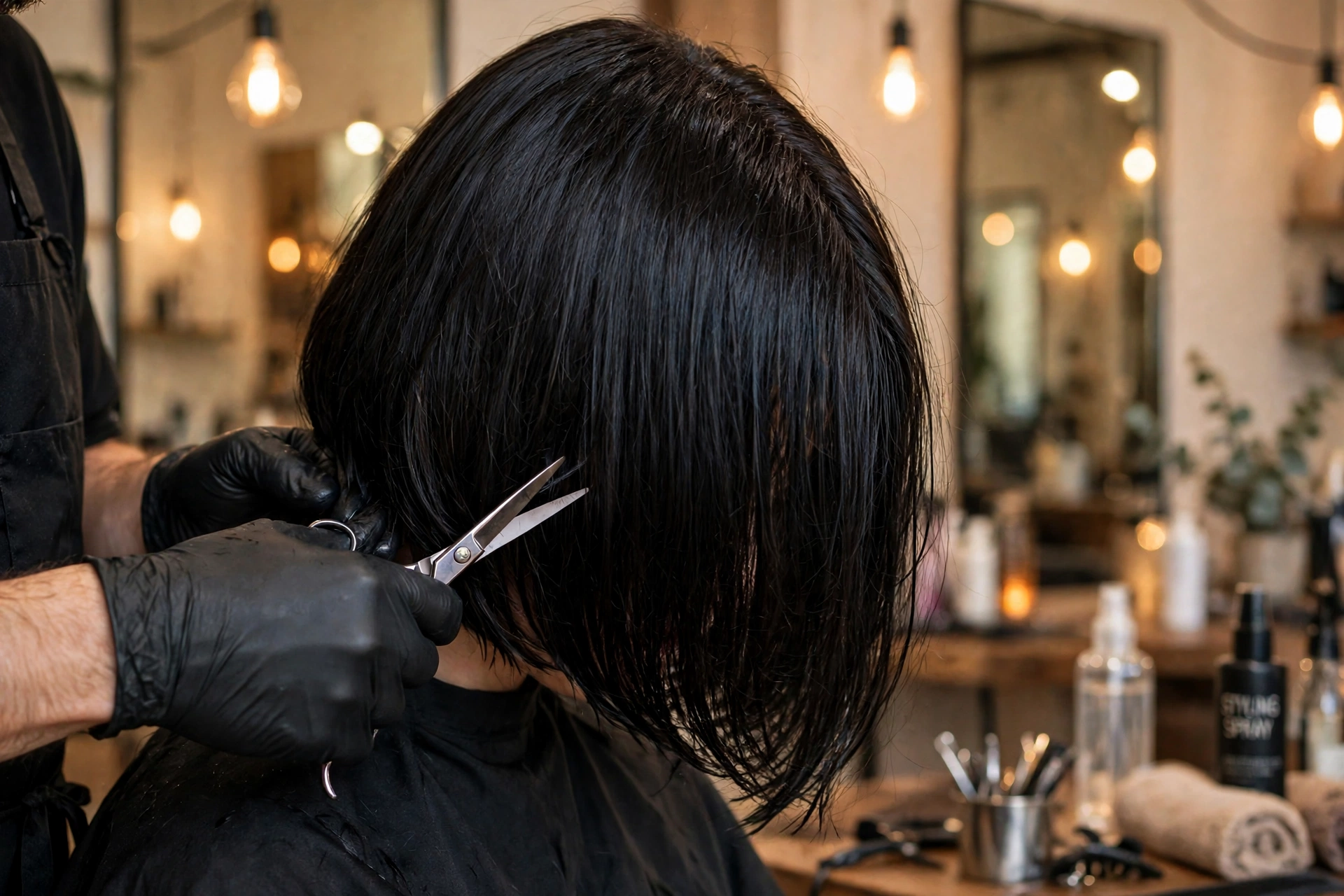 Salon shot of a stylist's hands finishing a glossy black French bob, the kind of precision behind celebrity bob haircuts