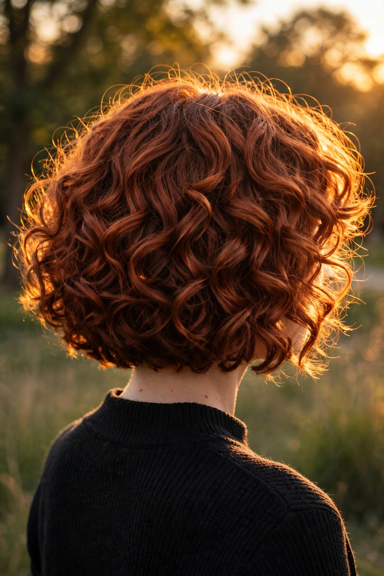 Voluminous auburn curly bob at golden hour from behind, a stunning example of celebrity bob haircuts for curly hair