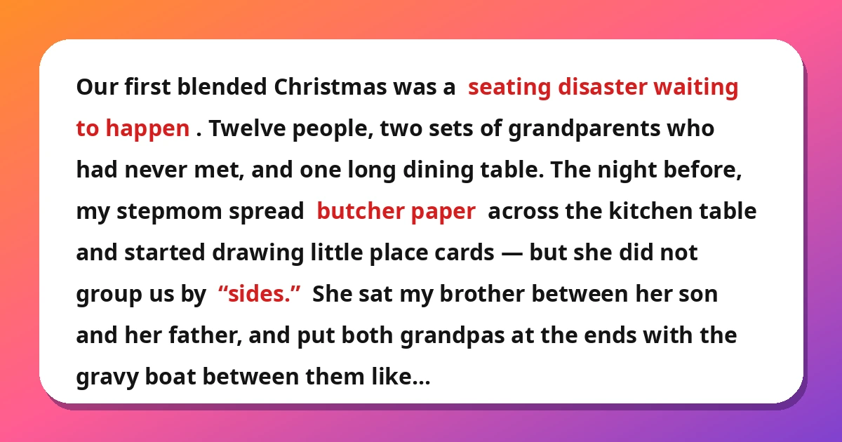 blended family stories - handmade seating chart that united two families at Christmas story card