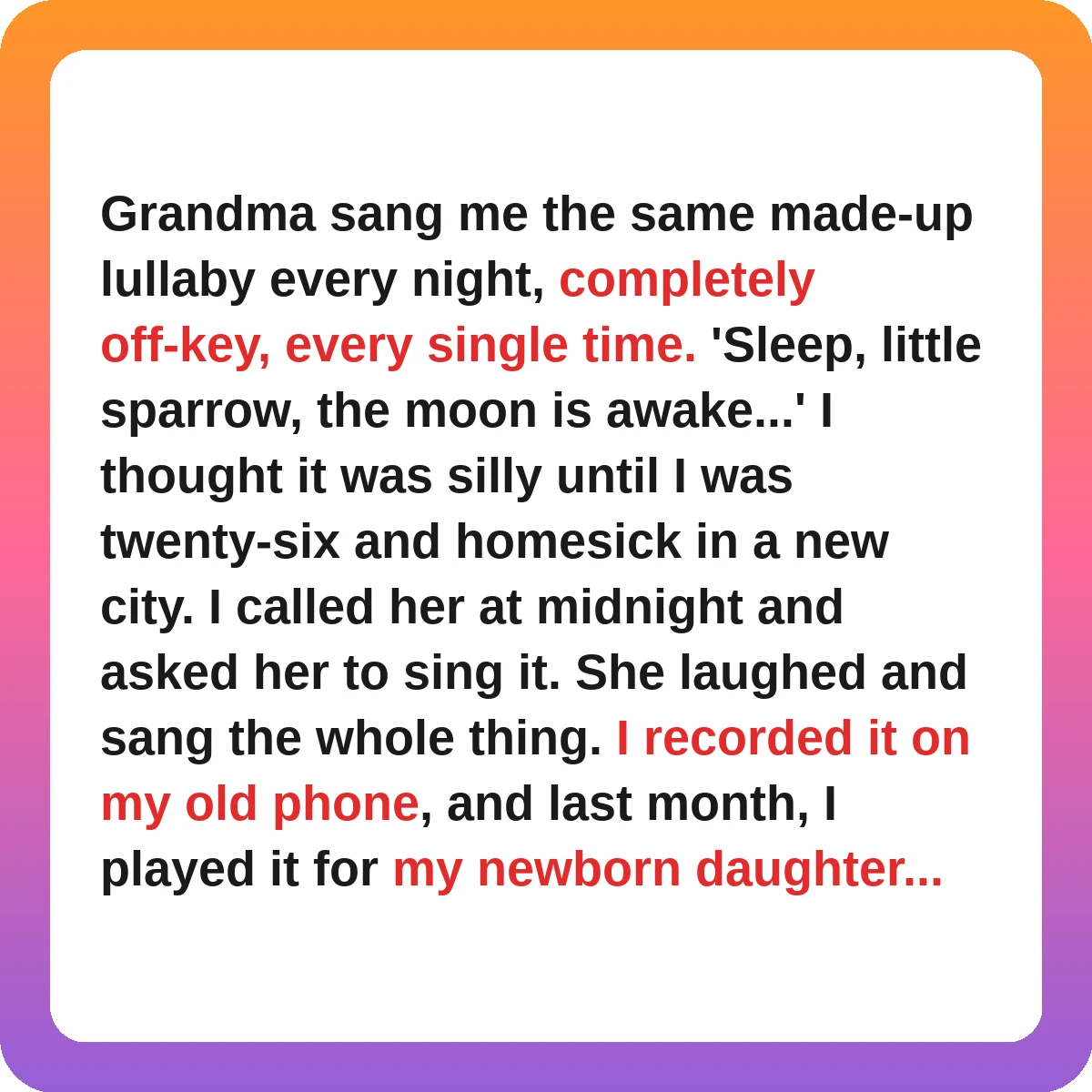 grandparents love stories - grandma's off-key lullaby story card