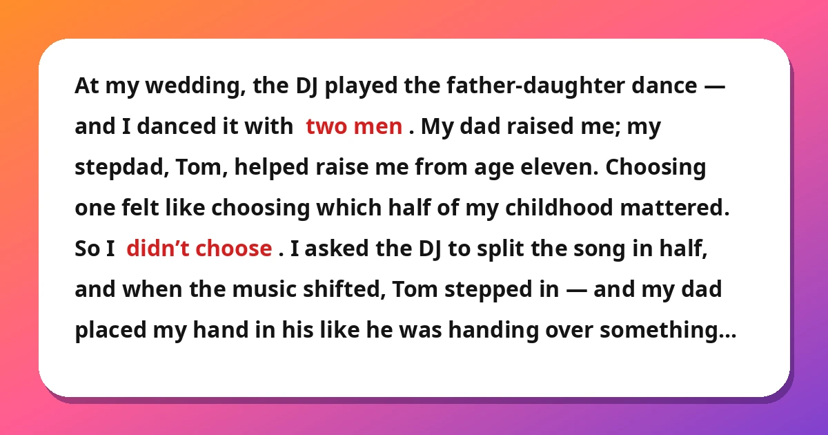 blended family stories - bride dancing with both her dad and stepdad at her wedding story card