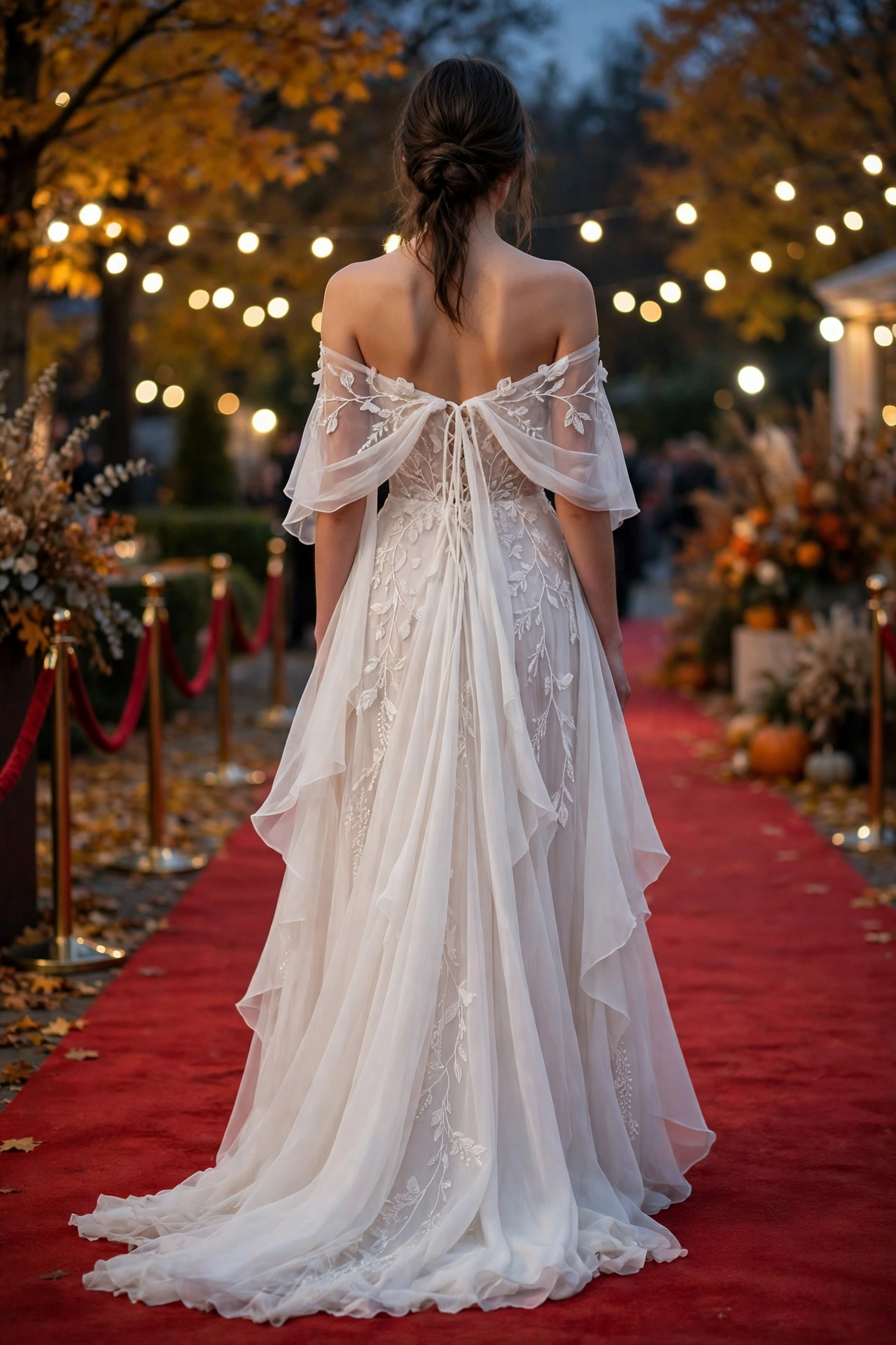 Flowing white off-the-shoulder gown - celebrity autumn red carpet looks 2026