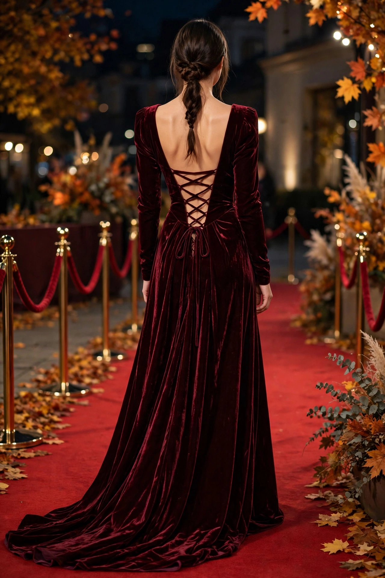 Deep burgundy velvet gown - celebrity autumn red carpet looks 2026