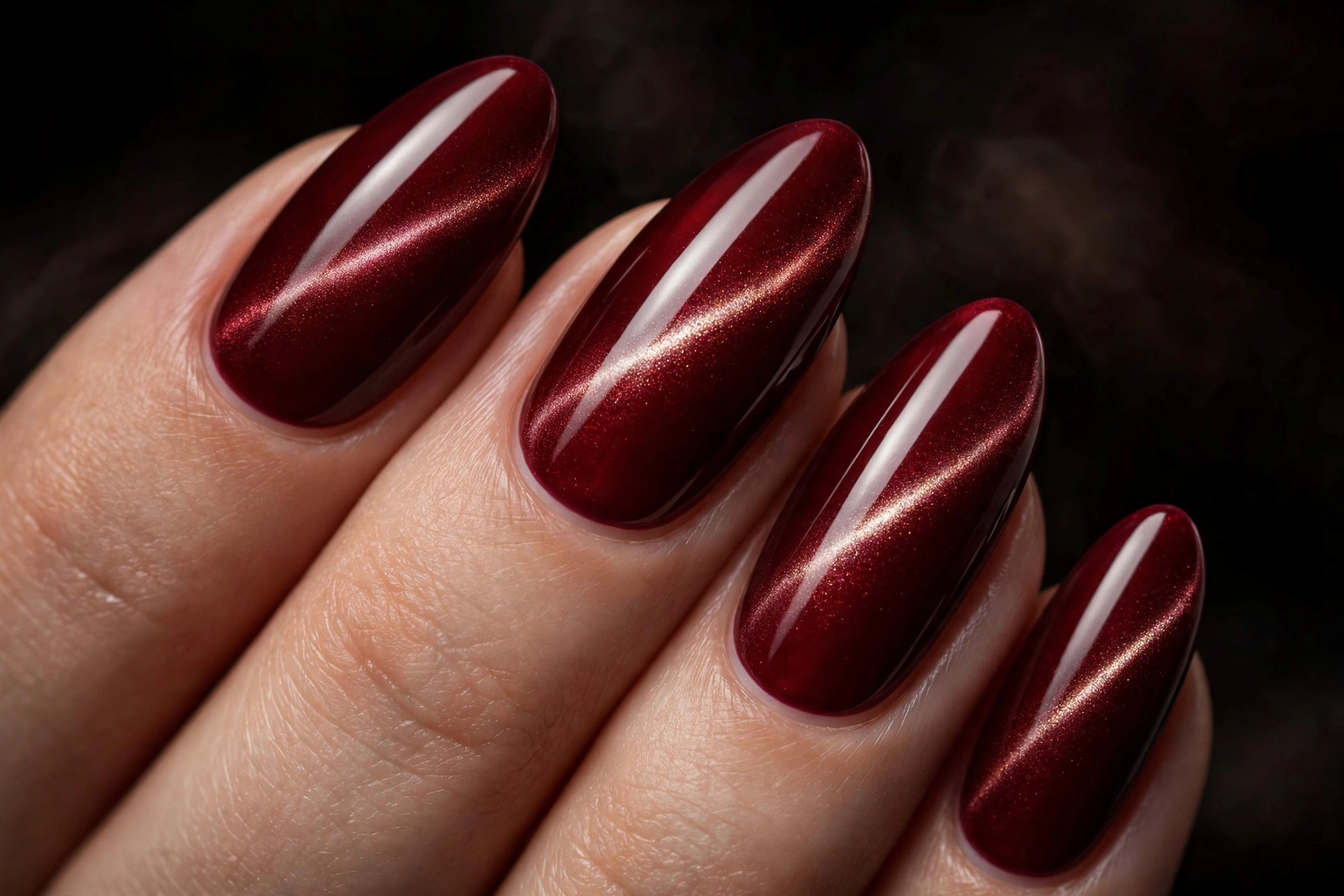 Deep oxblood cat-eye nails with a glowing magnetic shimmer line on almond-shaped nails