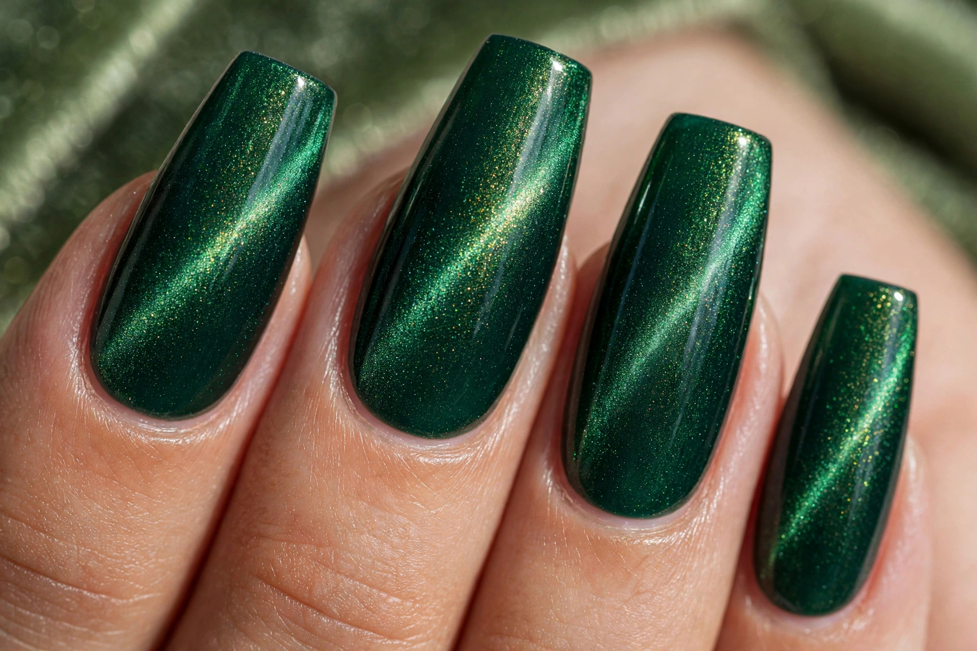 Emerald green velvet cat-eye nails with a soft magnetic shimmer in coffin-shaped nails