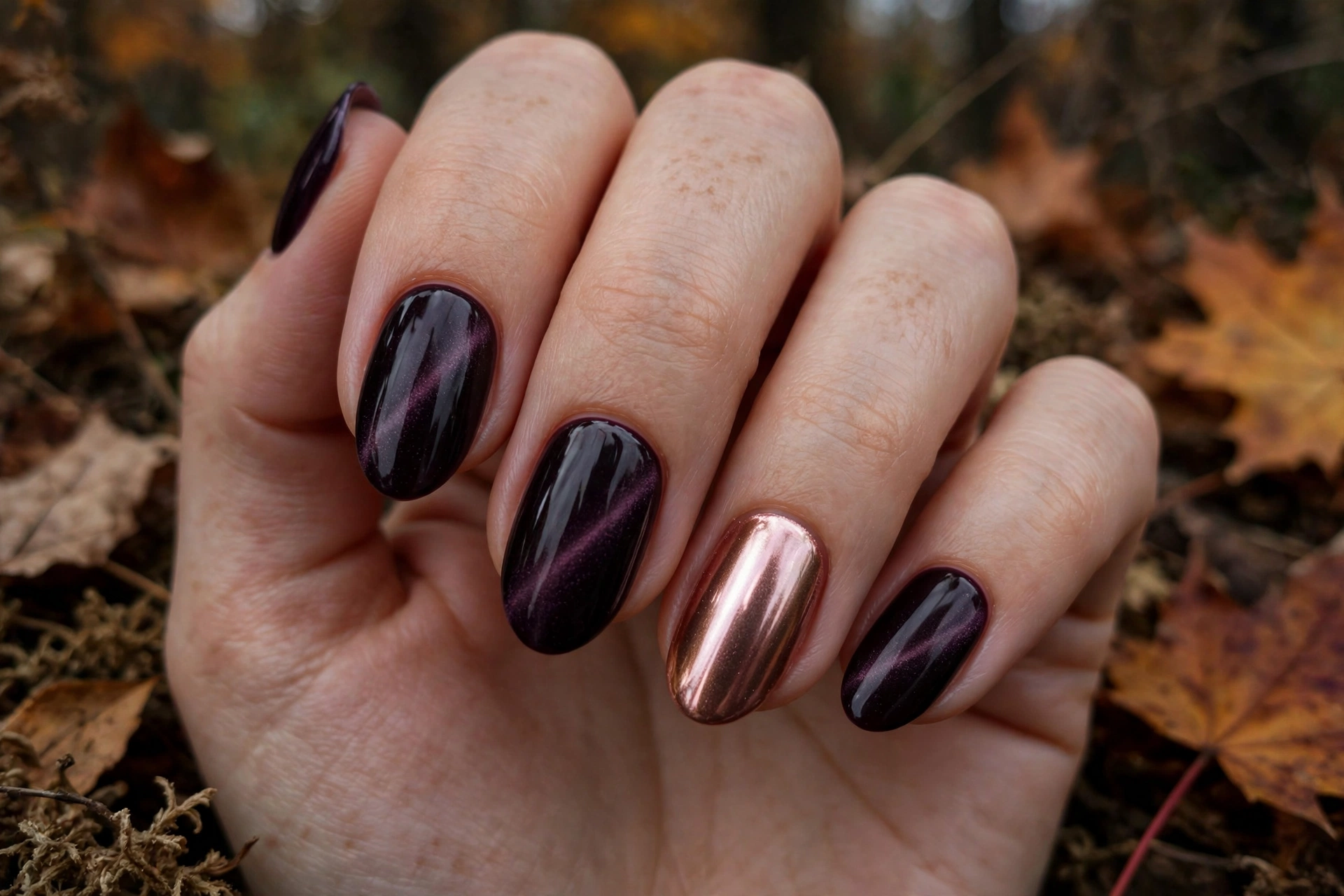Plum-black cat-eye nails with rose-gold chrome accent nail, moody autumn manicure