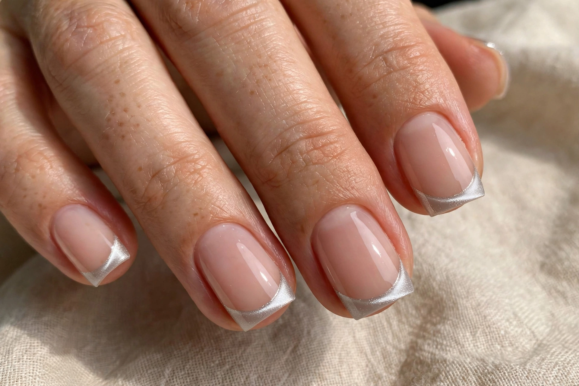 Short square cat-eye nails with sheer nude base and silver magnetic French tips