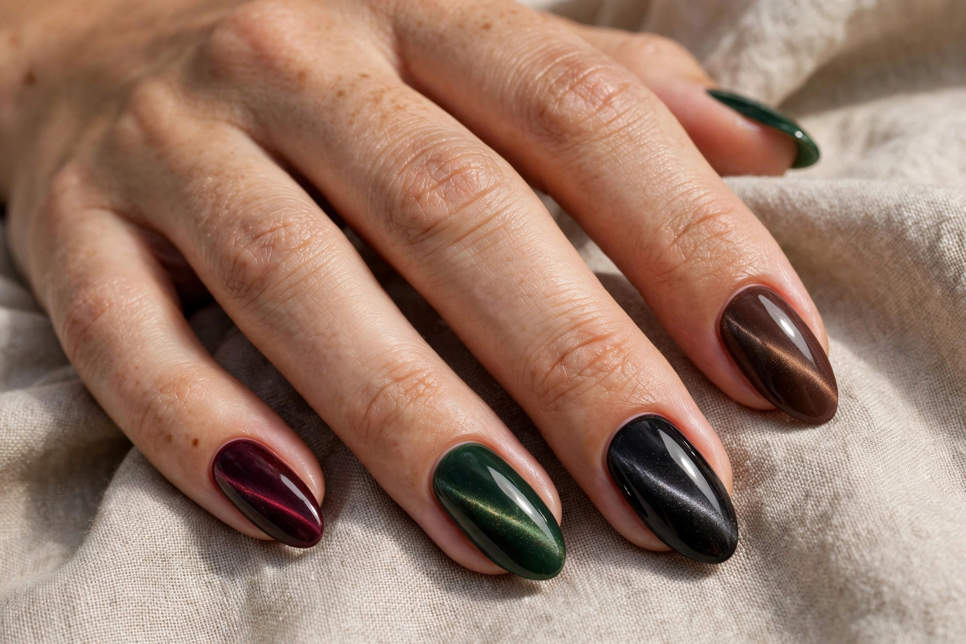 Mix-and-match cat eye nails in burgundy, forest green, black and chocolate brown shades