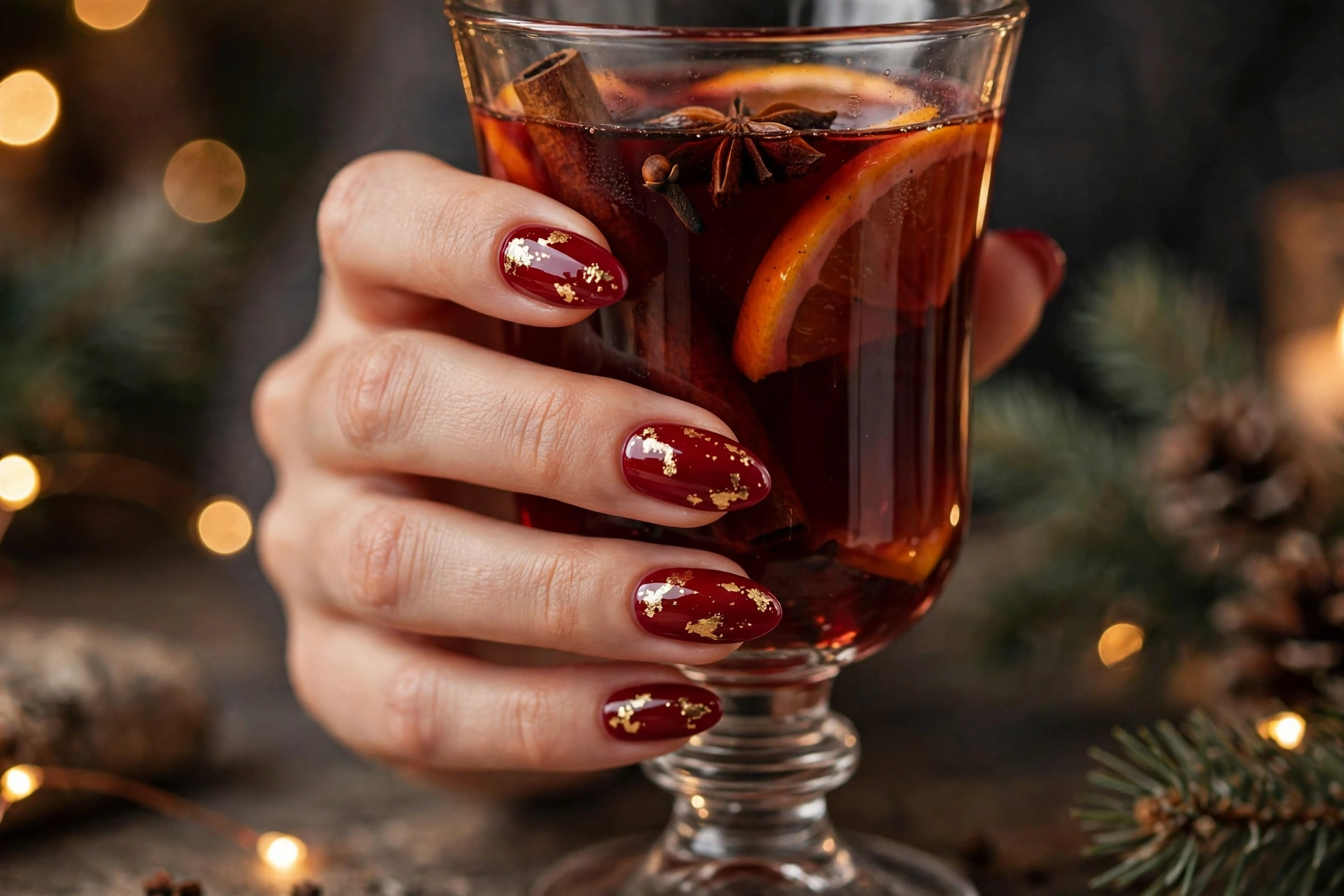 Christmas nail ideas 2026 red nails with gold foil holding mulled wine glass