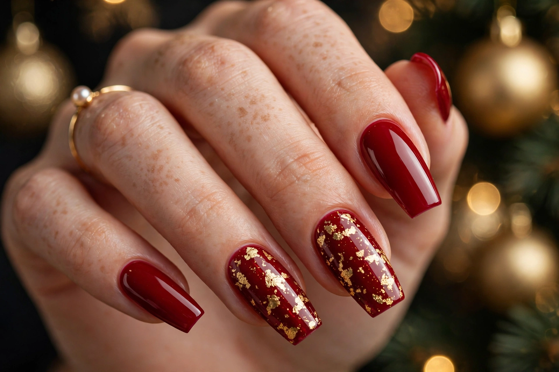 Red and gold foil christmas nail ideas 2026 close up
