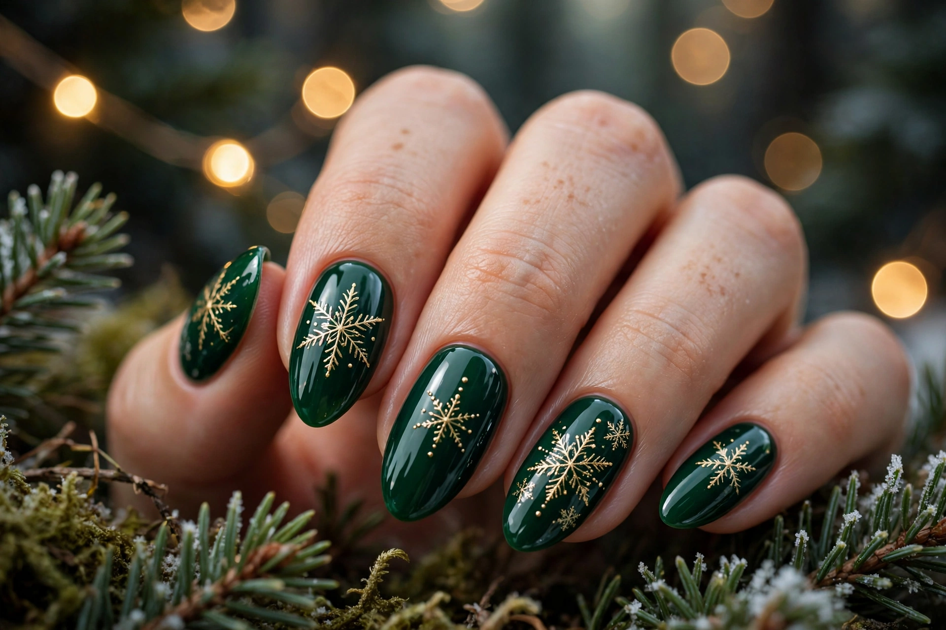 Emerald green and gold snowflake christmas nail ideas 2026