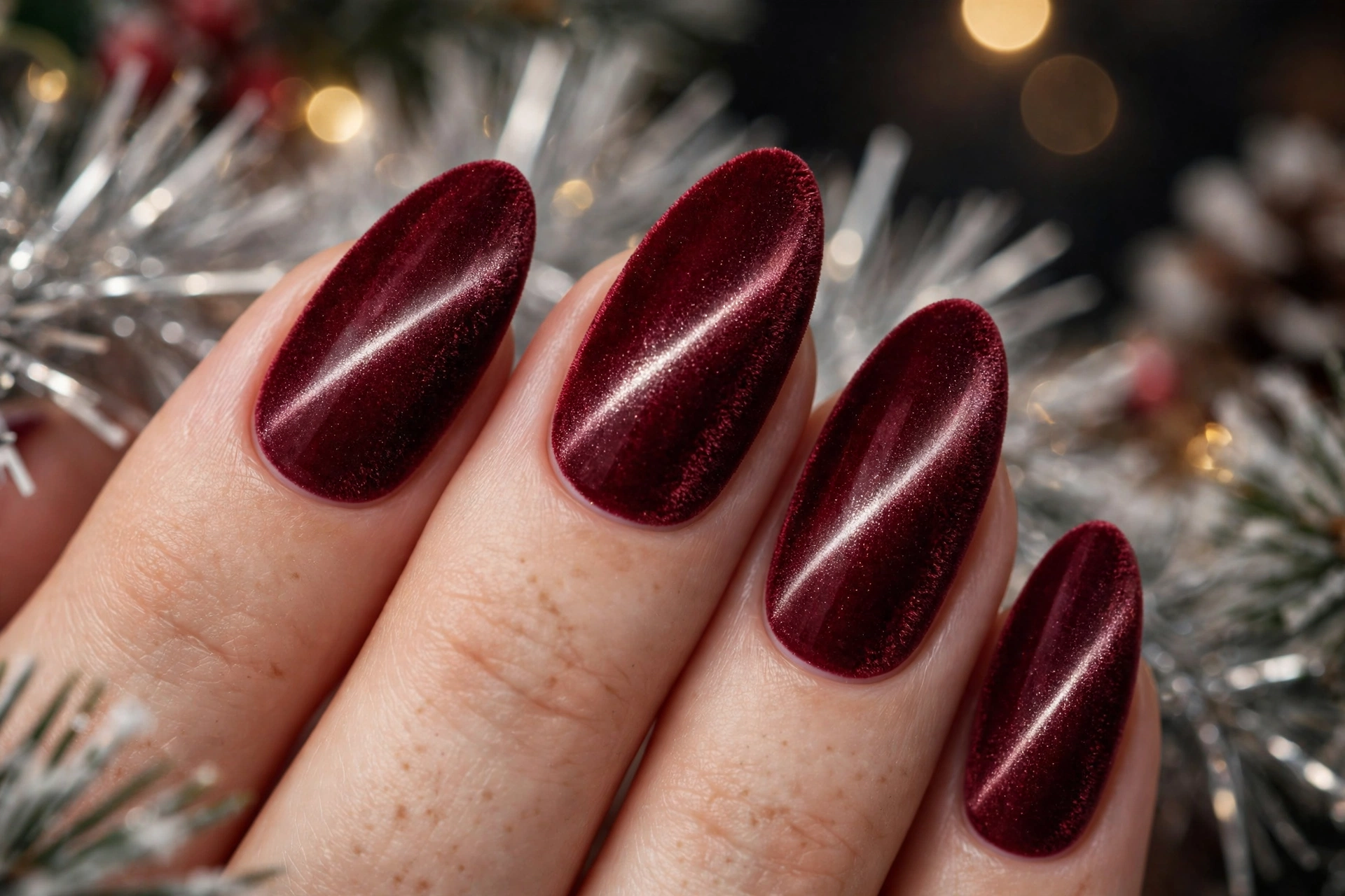 Burgundy velvet cat eye christmas nail ideas 2026