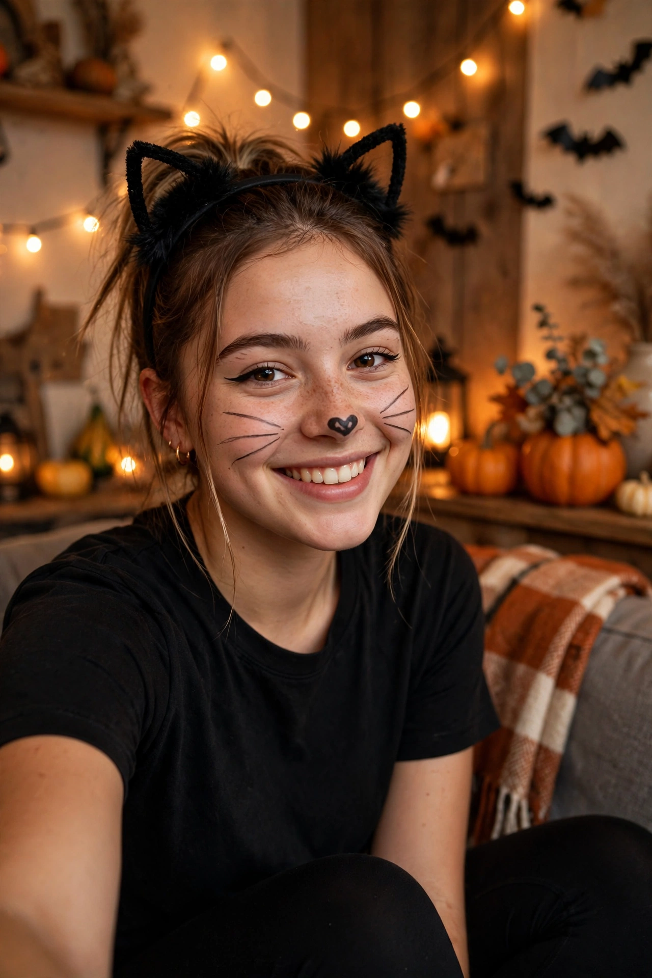 Easy last minute Halloween costume idea — woman in a black cat costume with eyeliner whiskers