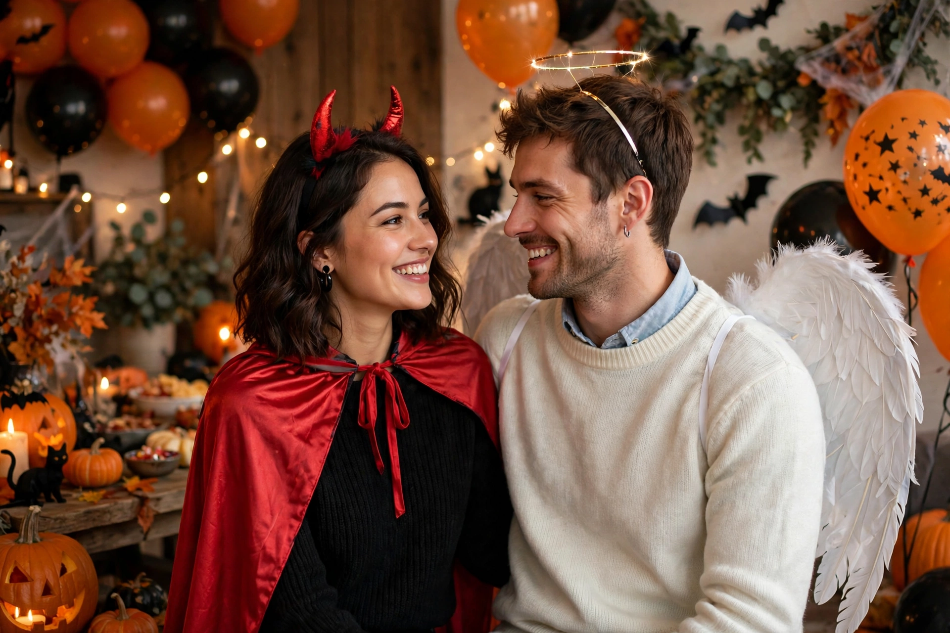 Couples last minute Halloween costumes — devil and angel at a Halloween party