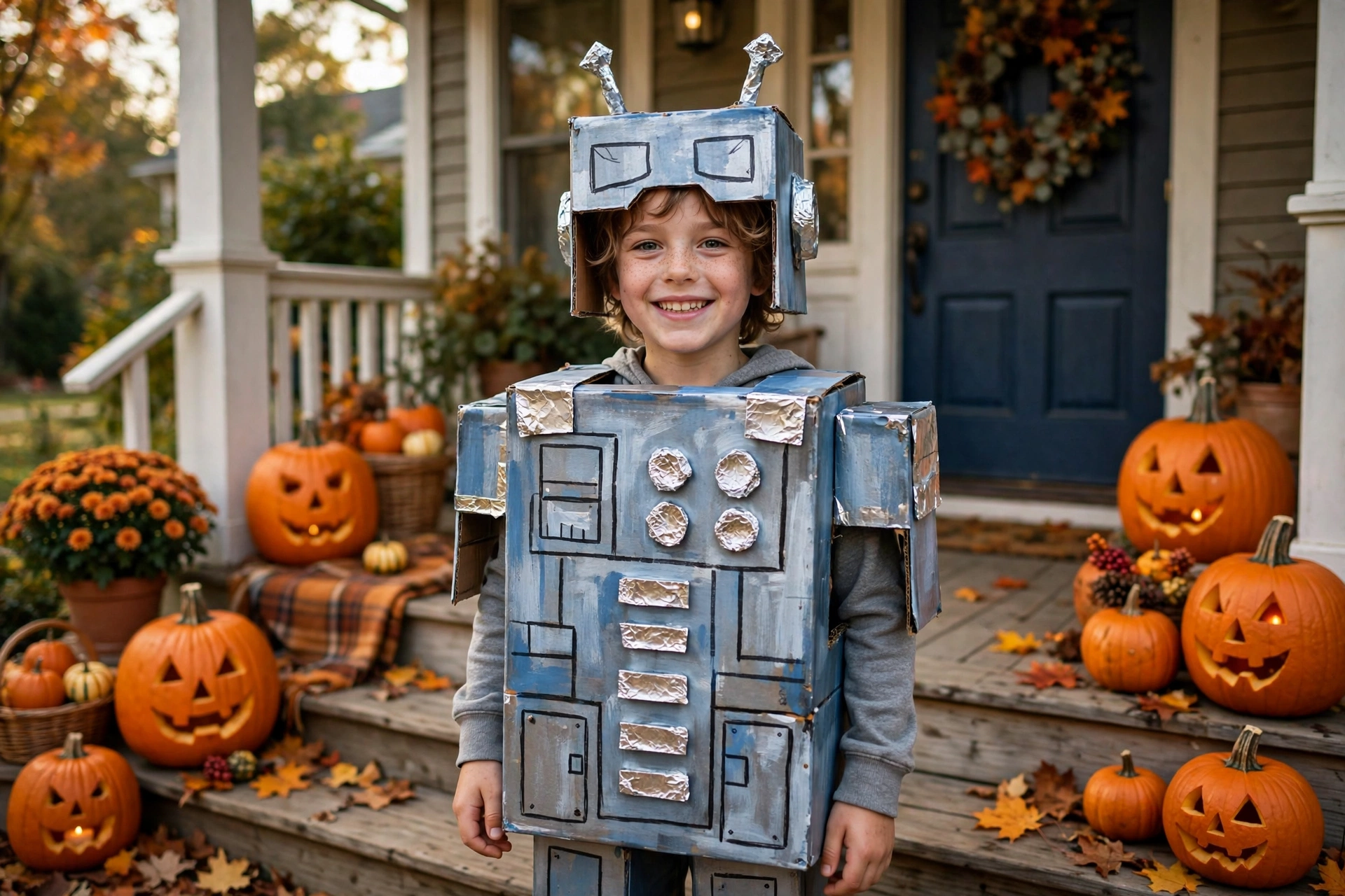 Kids last minute Halloween costume — child in a homemade cardboard robot costume
