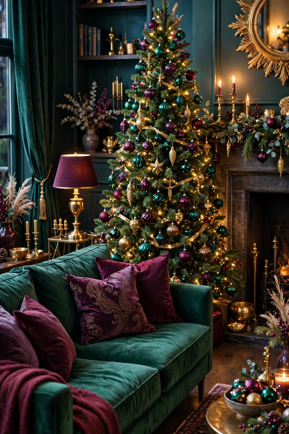 Jewel tone Christmas living room with emerald velvet sofa and plum cushions