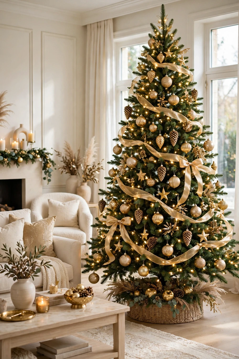 Champagne gold Christmas tree with gold ornaments and warm white lights