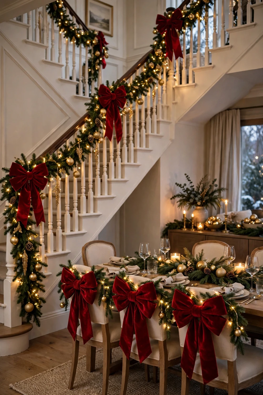 Christmas staircase decorated with large red velvet bows and green garland