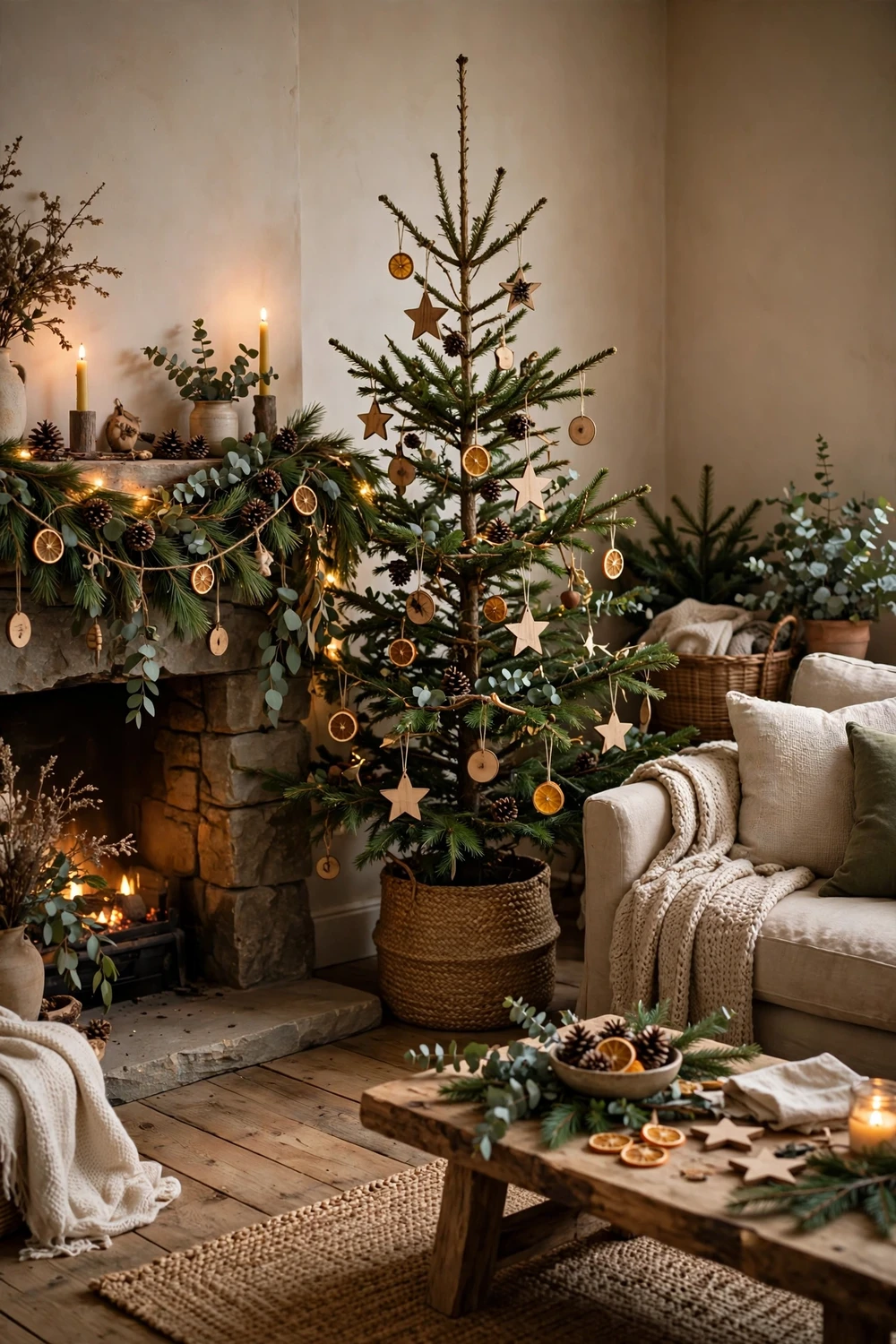 Botanical Christmas decor with fresh pine branches, eucalyptus and pinecones