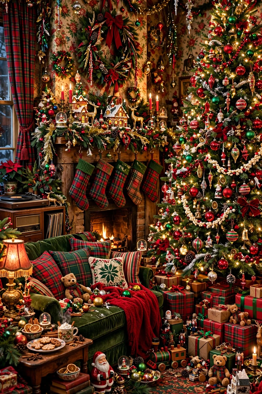 Maximalist nostalgic Christmas living room in classic red and green