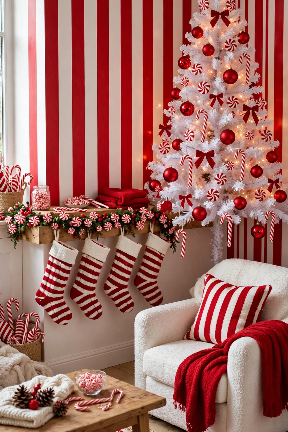 Candy stripe Christmas room with peppermint ornaments and red white decor