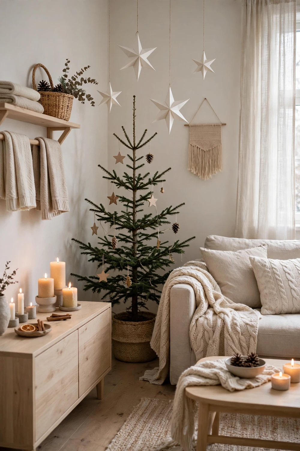 Scandinavian neutral Christmas living room with white beige tones and paper stars